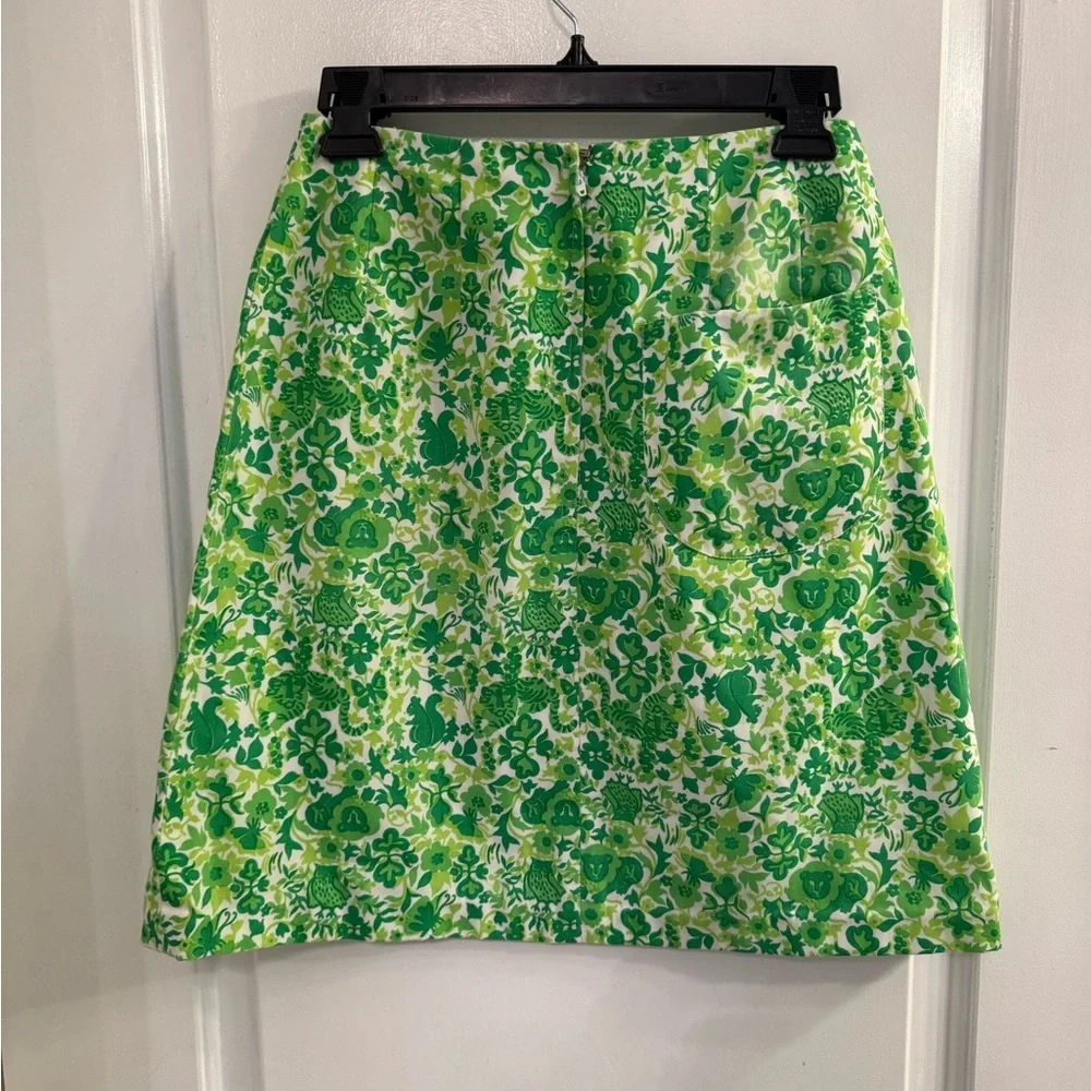 Vintage 1970s “The Lilly” Lilly Pulitzer Mini Skirt Green White Lions Owls - Picture 2 of 11